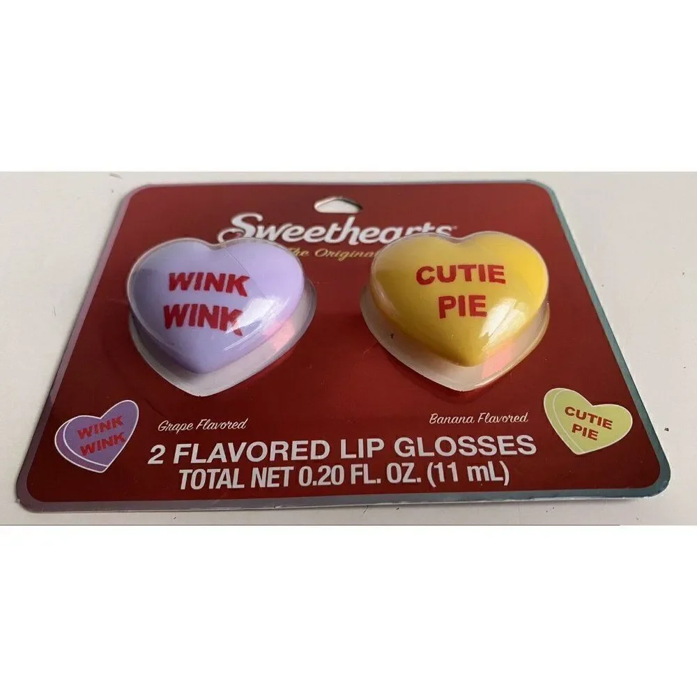 2 Pack Sweethearts Valentines‎ Flavored Lip Gloss Heart Shaped Banana Grape NEW